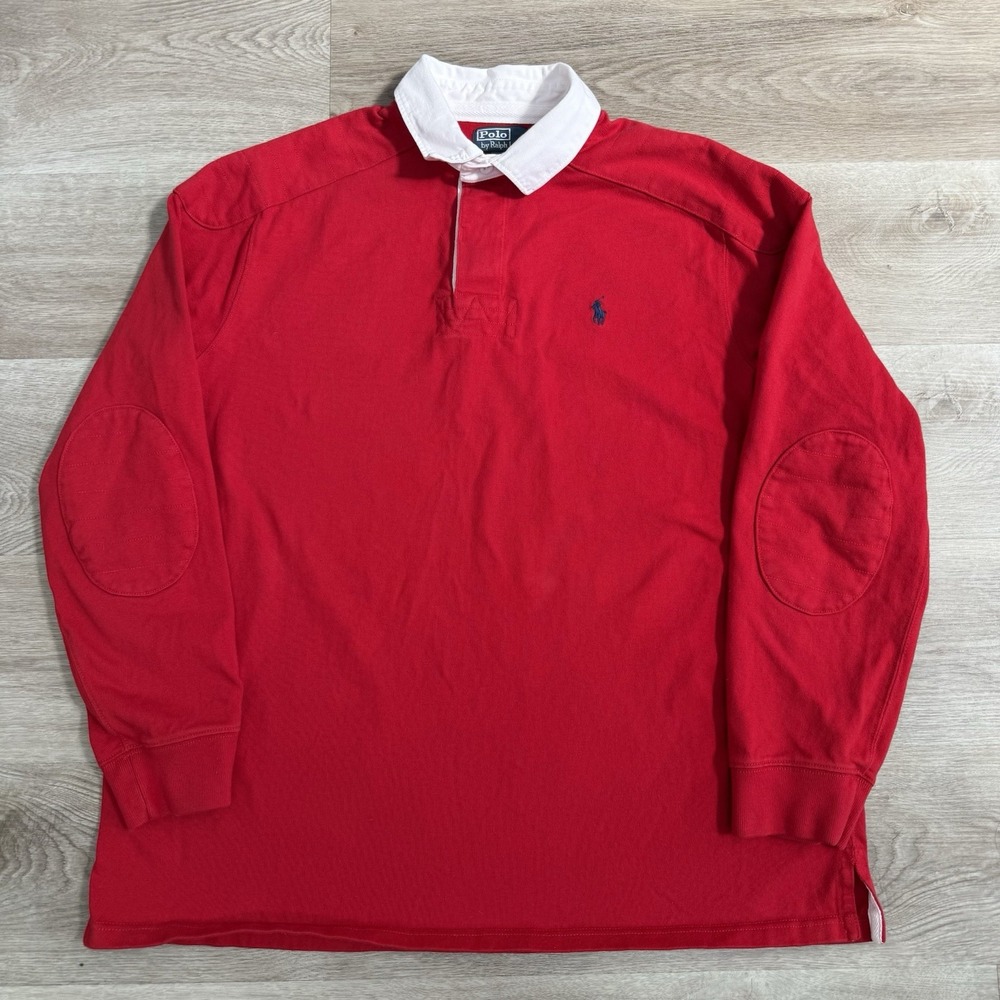 VTG Y2K Polo Ralph Lauren Rugby Shirt Mens XL Red Quilted Shoulder Elbow Patch